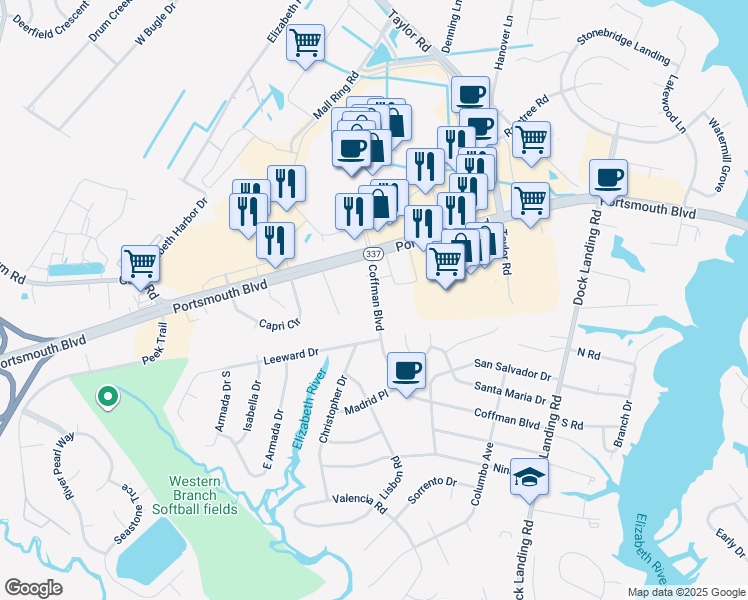 map of restaurants, bars, coffee shops, grocery stores, and more near 4321 Coffman Boulevard in Chesapeake