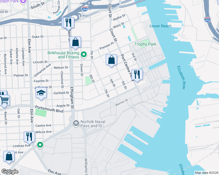 map of restaurants, bars, coffee shops, grocery stores, and more near 541 Edwards Street in Portsmouth