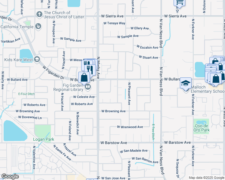 map of restaurants, bars, coffee shops, grocery stores, and more near 5740 North Monte Avenue in Fresno