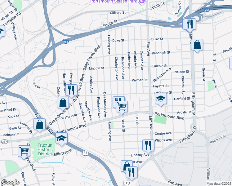 map of restaurants, bars, coffee shops, grocery stores, and more near 2216 Charleston Avenue in Portsmouth