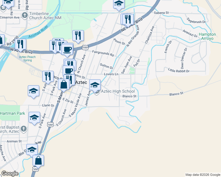 map of restaurants, bars, coffee shops, grocery stores, and more near 613 East Blanco Street in Aztec