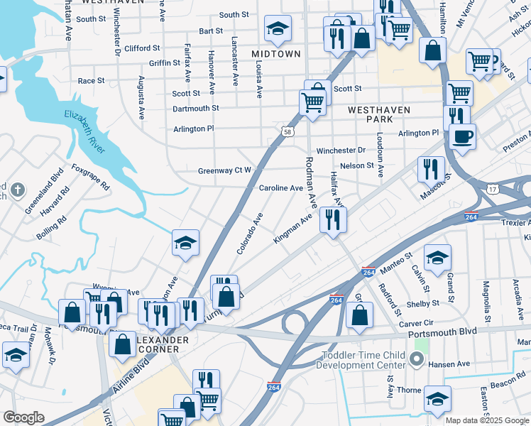 map of restaurants, bars, coffee shops, grocery stores, and more near 2017 Colorado Avenue in Portsmouth