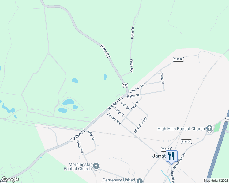 map of restaurants, bars, coffee shops, grocery stores, and more near 120 South Allen Road in Jarratt