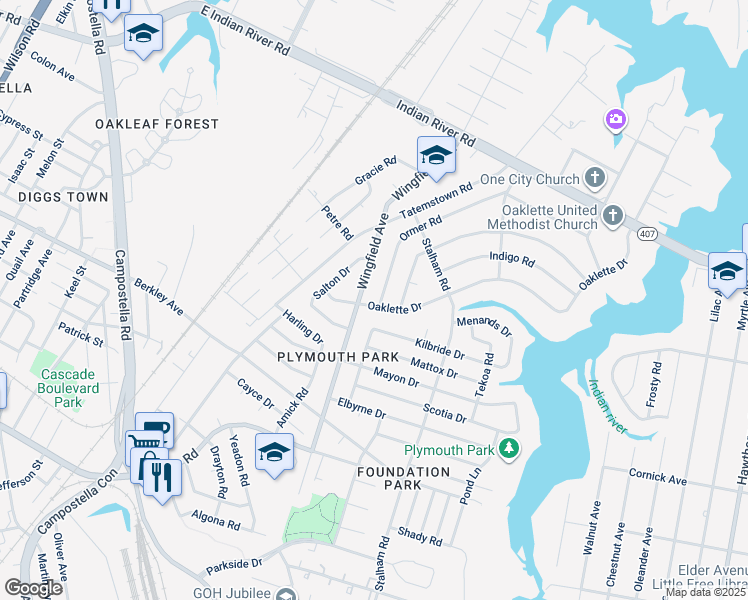 map of restaurants, bars, coffee shops, grocery stores, and more near 300 Oaklette Drive in Chesapeake