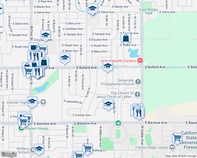 map of restaurants, bars, coffee shops, grocery stores, and more near 5712 North Millbrook Avenue in Fresno