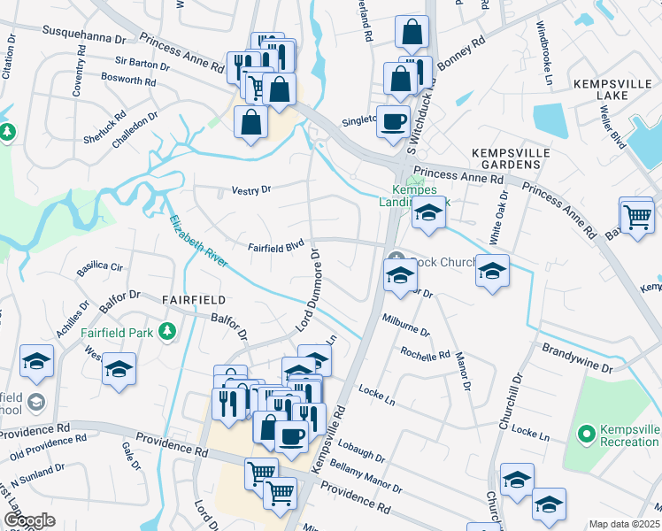 map of restaurants, bars, coffee shops, grocery stores, and more near 617 Rolleston Court in Virginia Beach