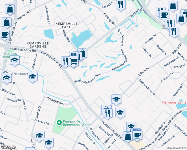 map of restaurants, bars, coffee shops, grocery stores, and more near 4834 Kempsville Greens Parkway in Virginia Beach