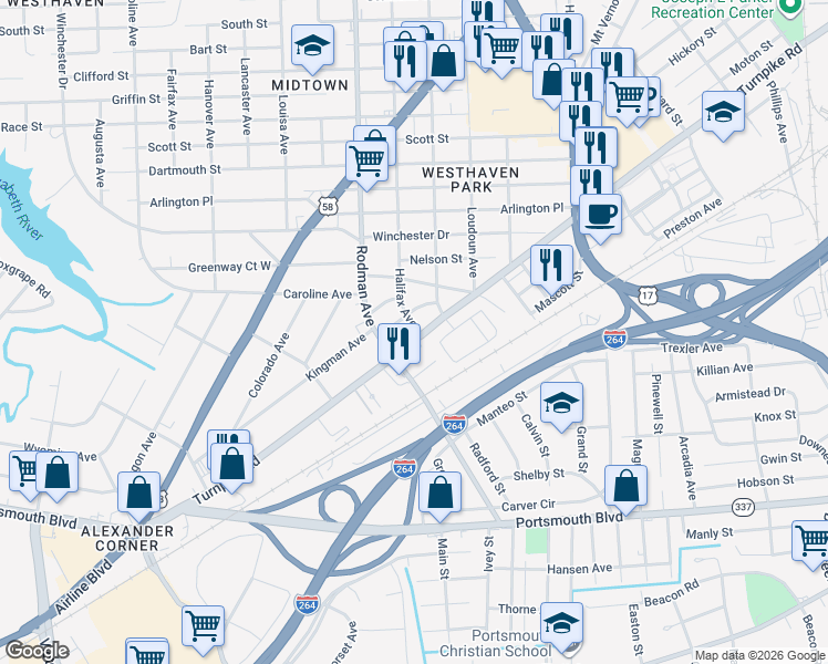 map of restaurants, bars, coffee shops, grocery stores, and more near 3601 Kingman Avenue in Portsmouth