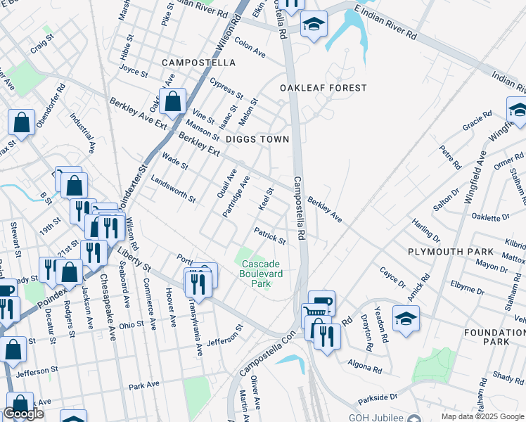 map of restaurants, bars, coffee shops, grocery stores, and more near 2100 Christian Avenue in Chesapeake