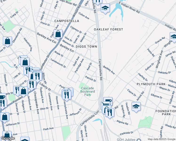 map of restaurants, bars, coffee shops, grocery stores, and more near 2100 Christian Avenue in Chesapeake