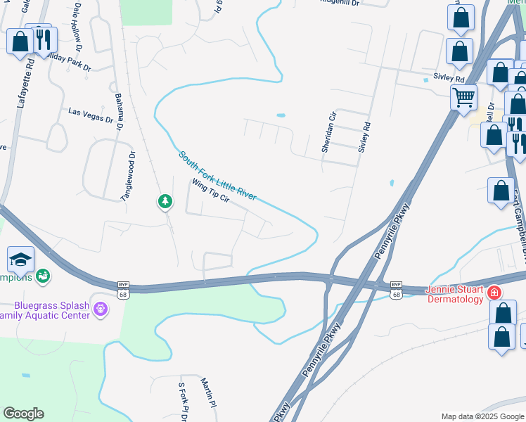 map of restaurants, bars, coffee shops, grocery stores, and more near Wing Tip Cir in Hopkinsville