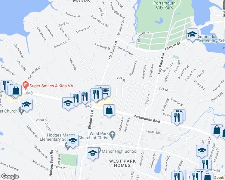 map of restaurants, bars, coffee shops, grocery stores, and more near 19 Roberts Court West in Portsmouth