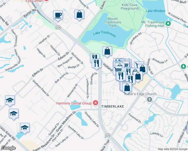 map of restaurants, bars, coffee shops, grocery stores, and more near 4320 Silverleaf Drive in Virginia Beach