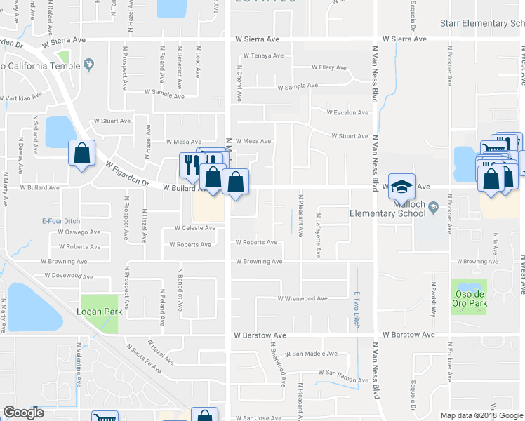 map of restaurants, bars, coffee shops, grocery stores, and more near 5784 North Monte Avenue in Fresno