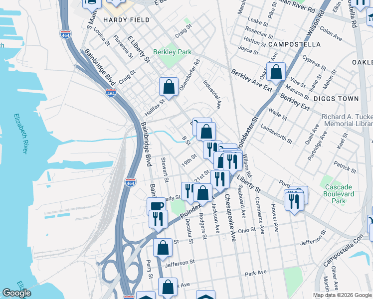 map of restaurants, bars, coffee shops, grocery stores, and more near 1324 17th Street in Chesapeake