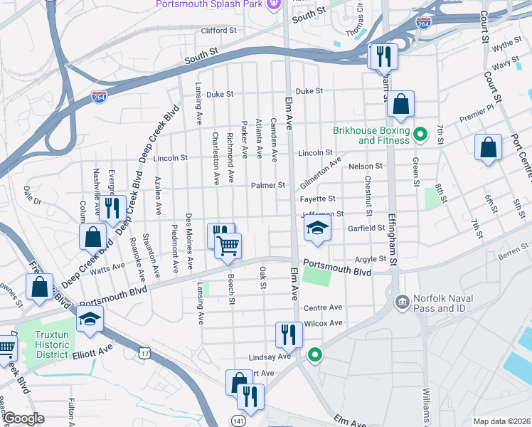 map of restaurants, bars, coffee shops, grocery stores, and more near 2201 Atlanta Avenue in Portsmouth