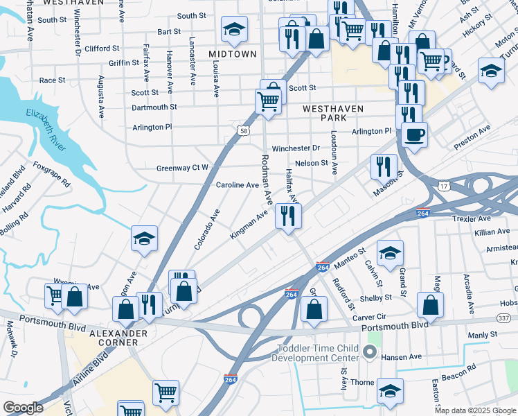 map of restaurants, bars, coffee shops, grocery stores, and more near 2108 Rodman Avenue in Portsmouth