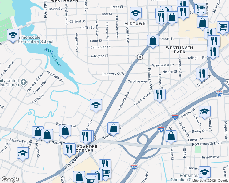 map of restaurants, bars, coffee shops, grocery stores, and more near 2010 Airline Boulevard in Portsmouth