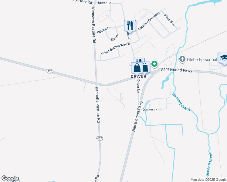 map of restaurants, bars, coffee shops, grocery stores, and more near 2957 Kings Highway in Suffolk