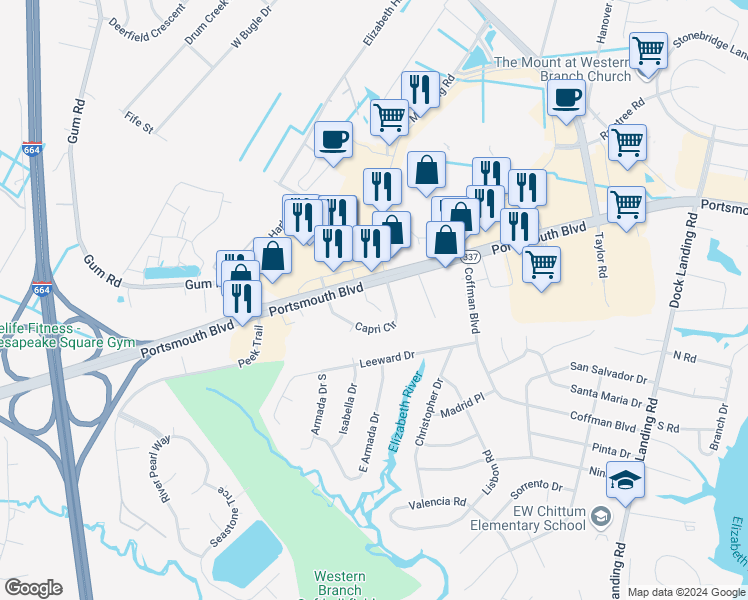 map of restaurants, bars, coffee shops, grocery stores, and more near 2212 Jester Court in Chesapeake