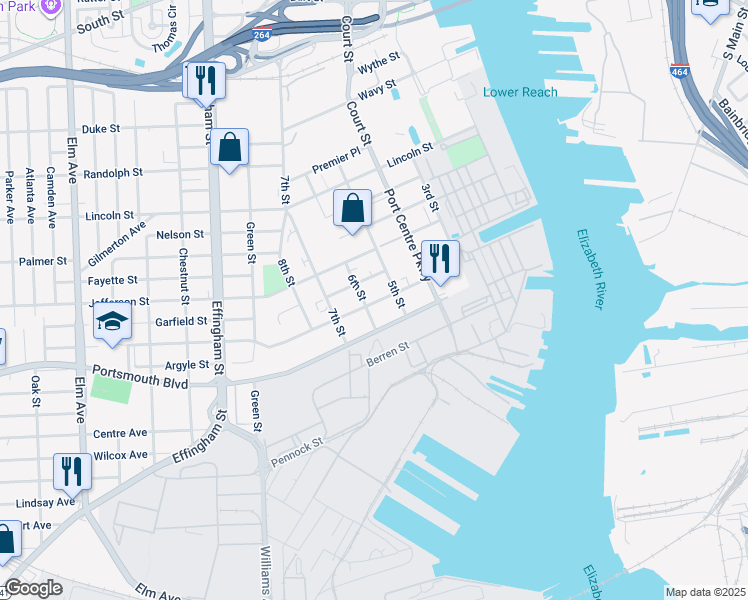 map of restaurants, bars, coffee shops, grocery stores, and more near 540 Madison Street in Portsmouth