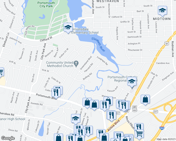 map of restaurants, bars, coffee shops, grocery stores, and more near 34 Harvard Road in Portsmouth