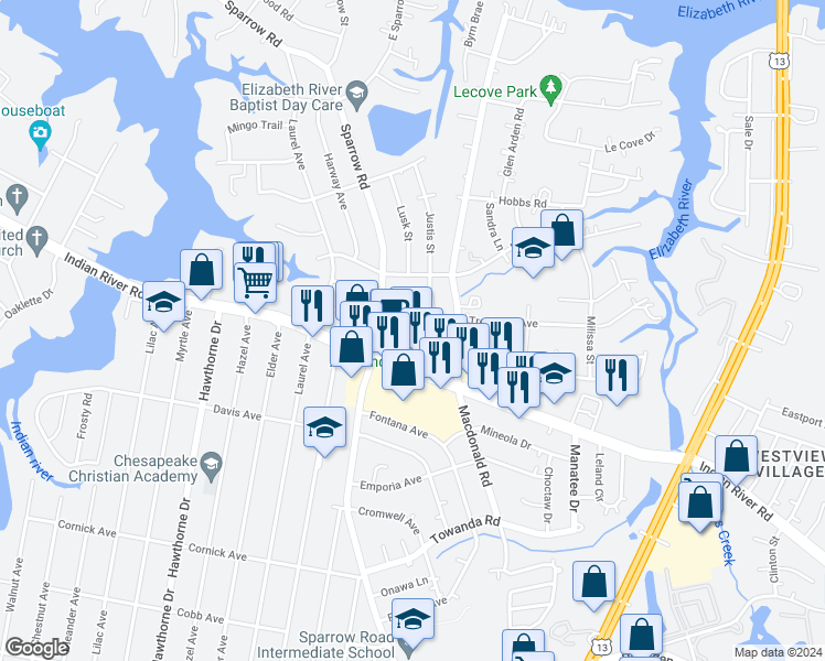 map of restaurants, bars, coffee shops, grocery stores, and more near 1012 Justis Street in Chesapeake