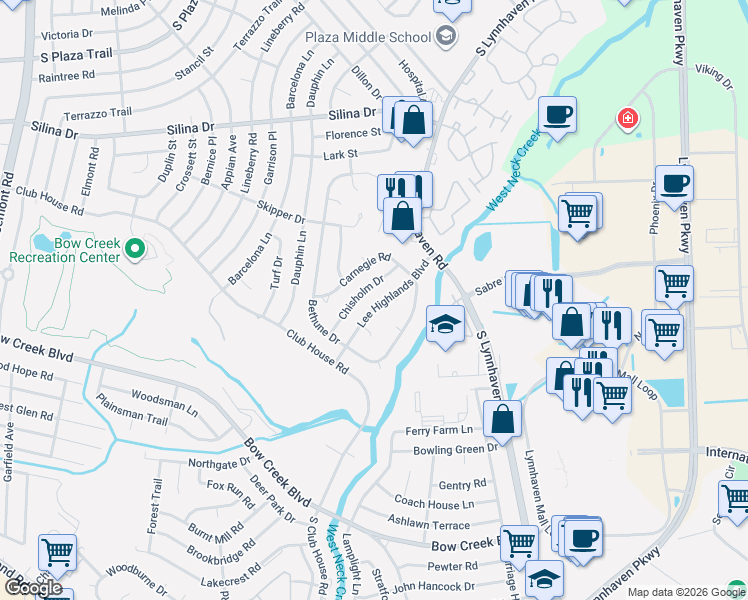 map of restaurants, bars, coffee shops, grocery stores, and more near 425 Lee Highlands Boulevard in Virginia Beach