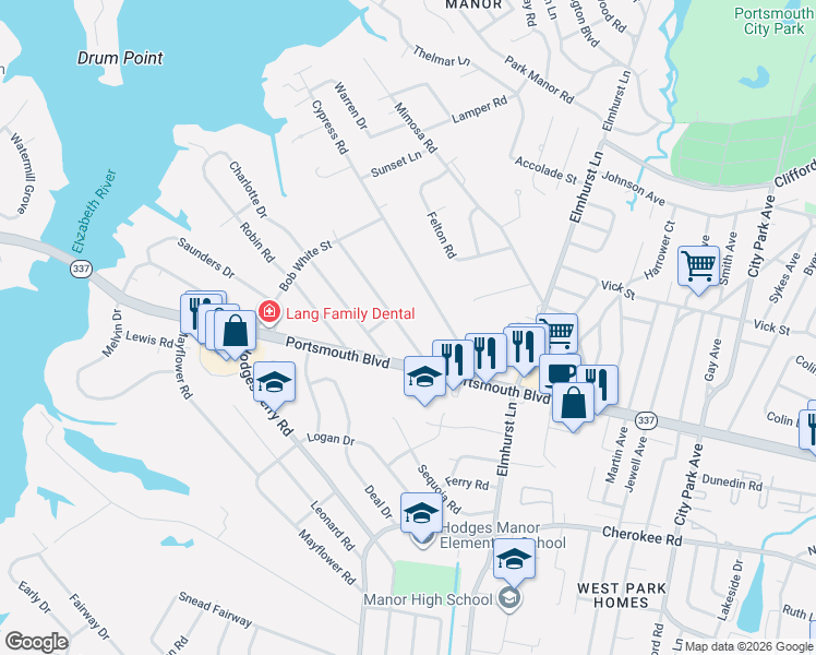 map of restaurants, bars, coffee shops, grocery stores, and more near 121 Jacquelyn Drive in Portsmouth