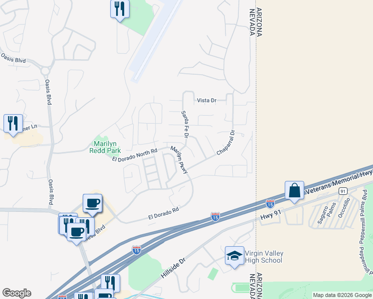 map of restaurants, bars, coffee shops, grocery stores, and more near 636 Las Palmas Circle in Mesquite