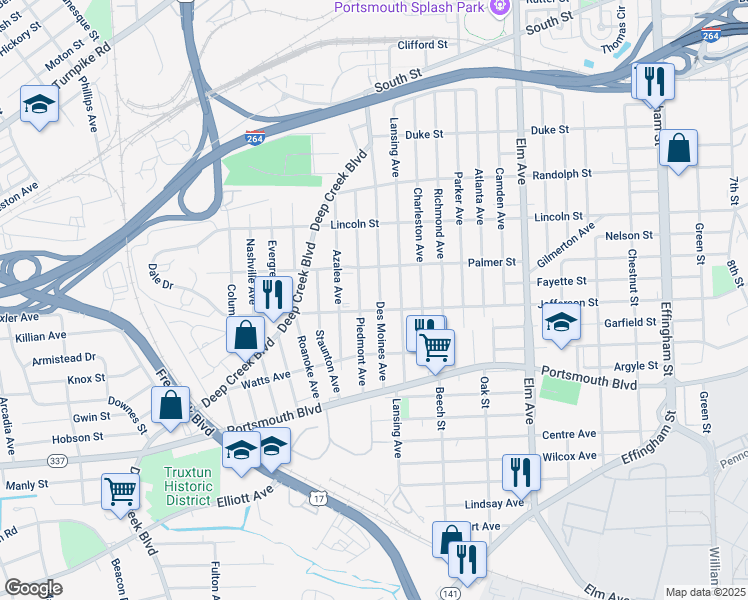 map of restaurants, bars, coffee shops, grocery stores, and more near 2119 Des Moines Avenue in Portsmouth