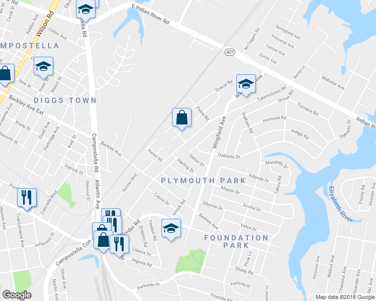 map of restaurants, bars, coffee shops, grocery stores, and more near 1425 Salton Drive in Chesapeake