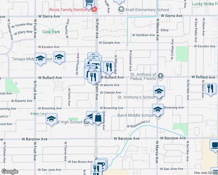 map of restaurants, bars, coffee shops, grocery stores, and more near 717 West Bullard Avenue in Fresno