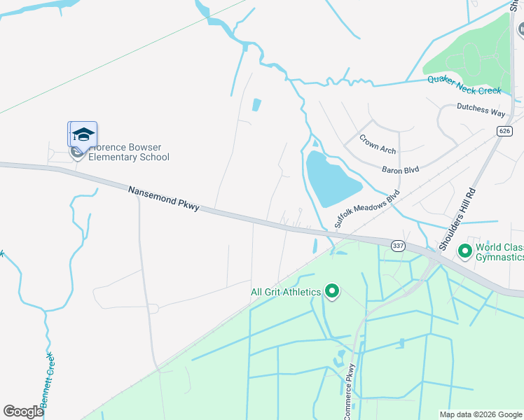 map of restaurants, bars, coffee shops, grocery stores, and more near 4108 Berwyn Way in Suffolk