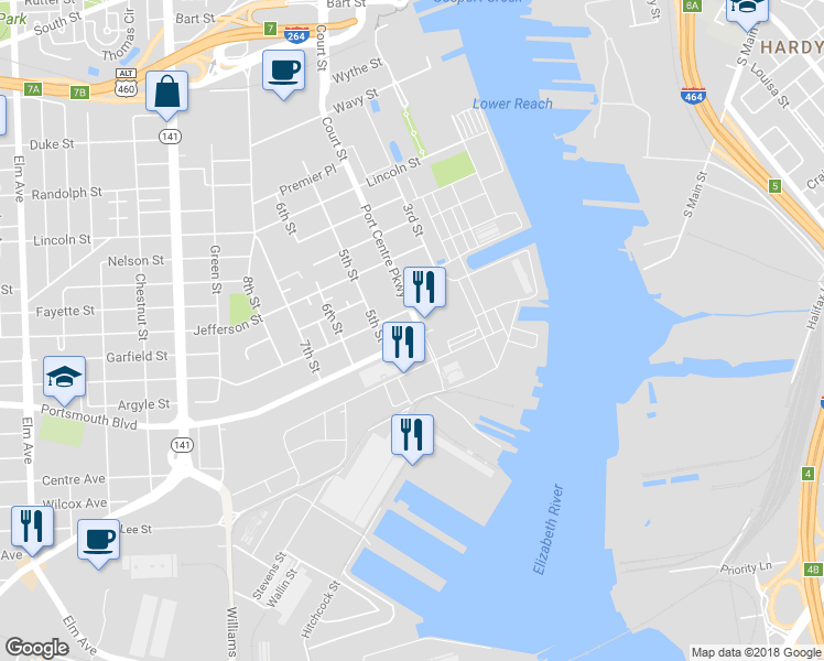 map of restaurants, bars, coffee shops, grocery stores, and more near 412 Portsmouth Boulevard in Portsmouth
