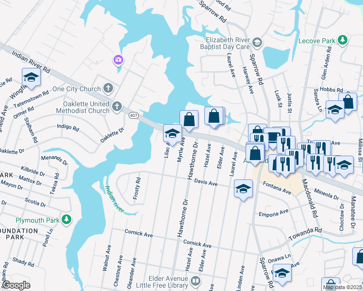 map of restaurants, bars, coffee shops, grocery stores, and more near 1118 Myrtle Ave in Chesapeake