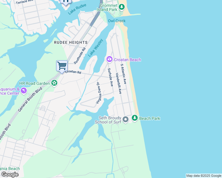 map of restaurants, bars, coffee shops, grocery stores, and more near 629 Surfside Avenue in Virginia Beach