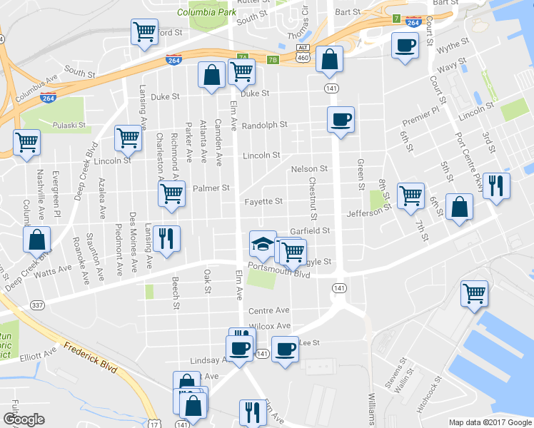 map of restaurants, bars, coffee shops, grocery stores, and more near 2223 Pearl Street in Portsmouth