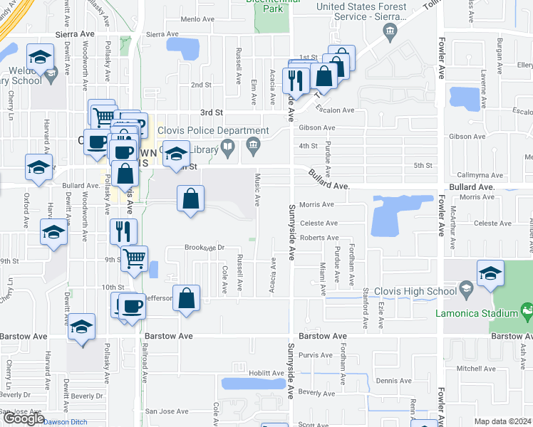 map of restaurants, bars, coffee shops, grocery stores, and more near 645 Music Avenue in Clovis