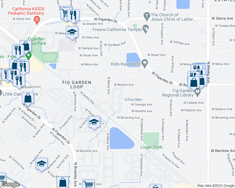 map of restaurants, bars, coffee shops, grocery stores, and more near 6014 North Marty Avenue in Fresno