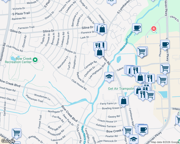 map of restaurants, bars, coffee shops, grocery stores, and more near 433 Chisholm Drive in Virginia Beach