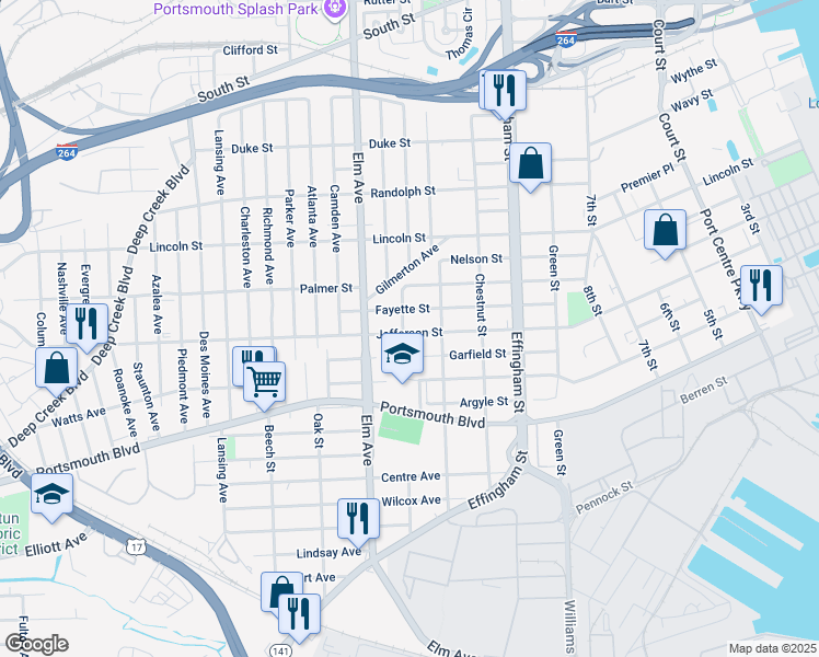 map of restaurants, bars, coffee shops, grocery stores, and more near 2223 Pearl Street in Portsmouth