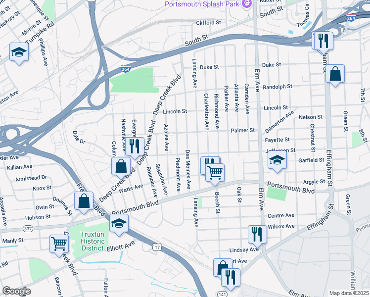 map of restaurants, bars, coffee shops, grocery stores, and more near 2119 Des Moines Avenue in Portsmouth