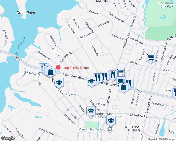 map of restaurants, bars, coffee shops, grocery stores, and more near 121 Jacquelyn Drive in Portsmouth