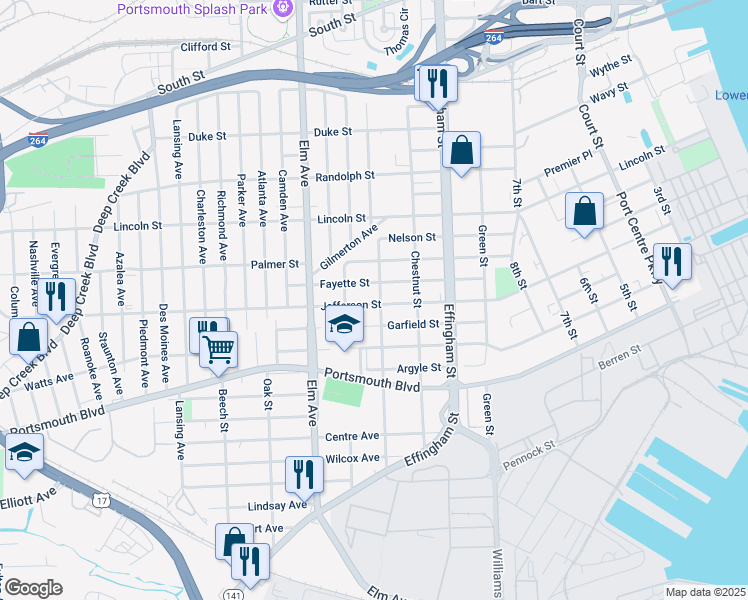 map of restaurants, bars, coffee shops, grocery stores, and more near 2220 Peach Street in Portsmouth