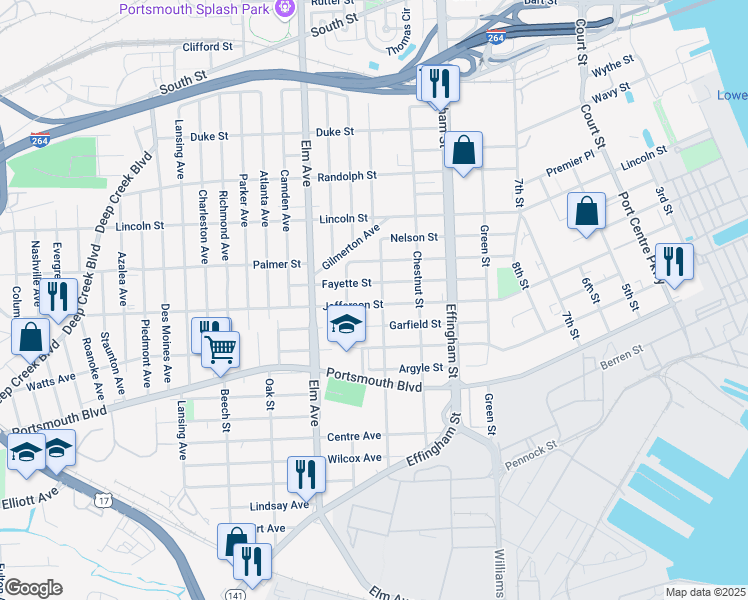 map of restaurants, bars, coffee shops, grocery stores, and more near 2220 Peach Street in Portsmouth
