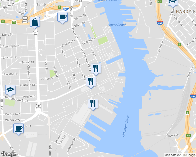 map of restaurants, bars, coffee shops, grocery stores, and more near 216 Portsmouth Boulevard in Portsmouth