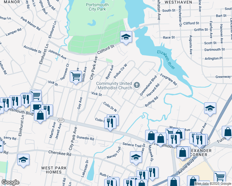 map of restaurants, bars, coffee shops, grocery stores, and more near 7 Pollux Circle East in Portsmouth