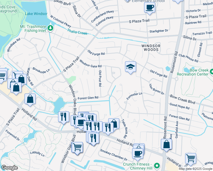 map of restaurants, bars, coffee shops, grocery stores, and more near 3800 Old Post Court in Virginia Beach