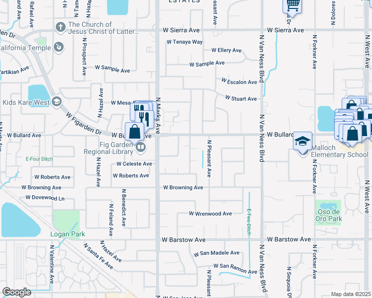 map of restaurants, bars, coffee shops, grocery stores, and more near 5784 North Monte Avenue in Fresno